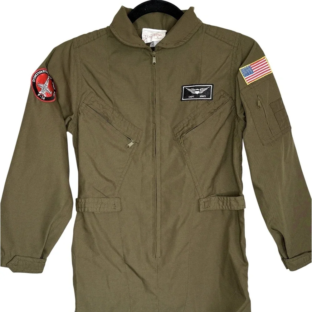 Navy Captain Fighter Pilot Jumpsuit Halloween Costume Kids Large Top Gun Green